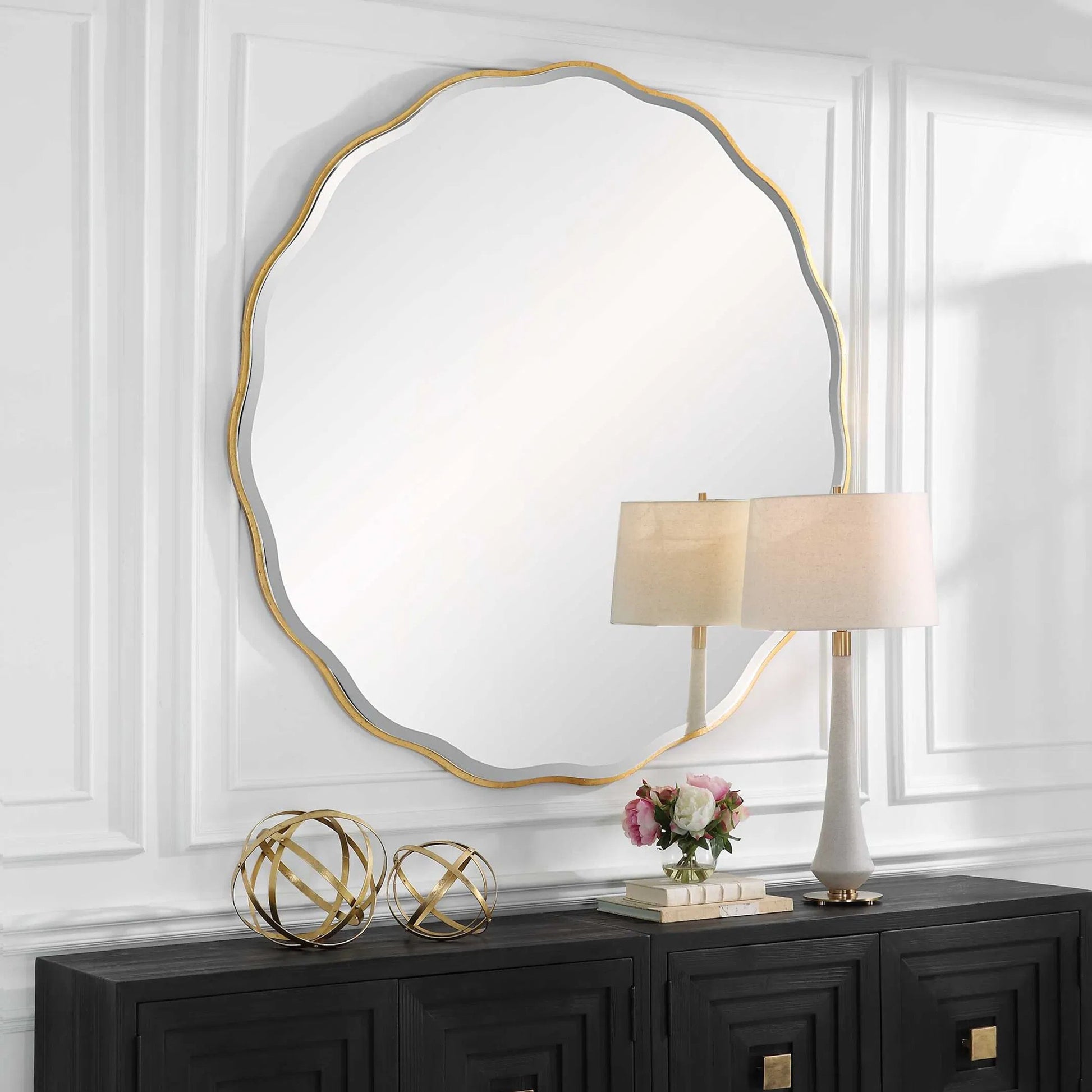Aneta Round Mirror by Uttermost in gold. Made from mdf, mirror in a modern style.