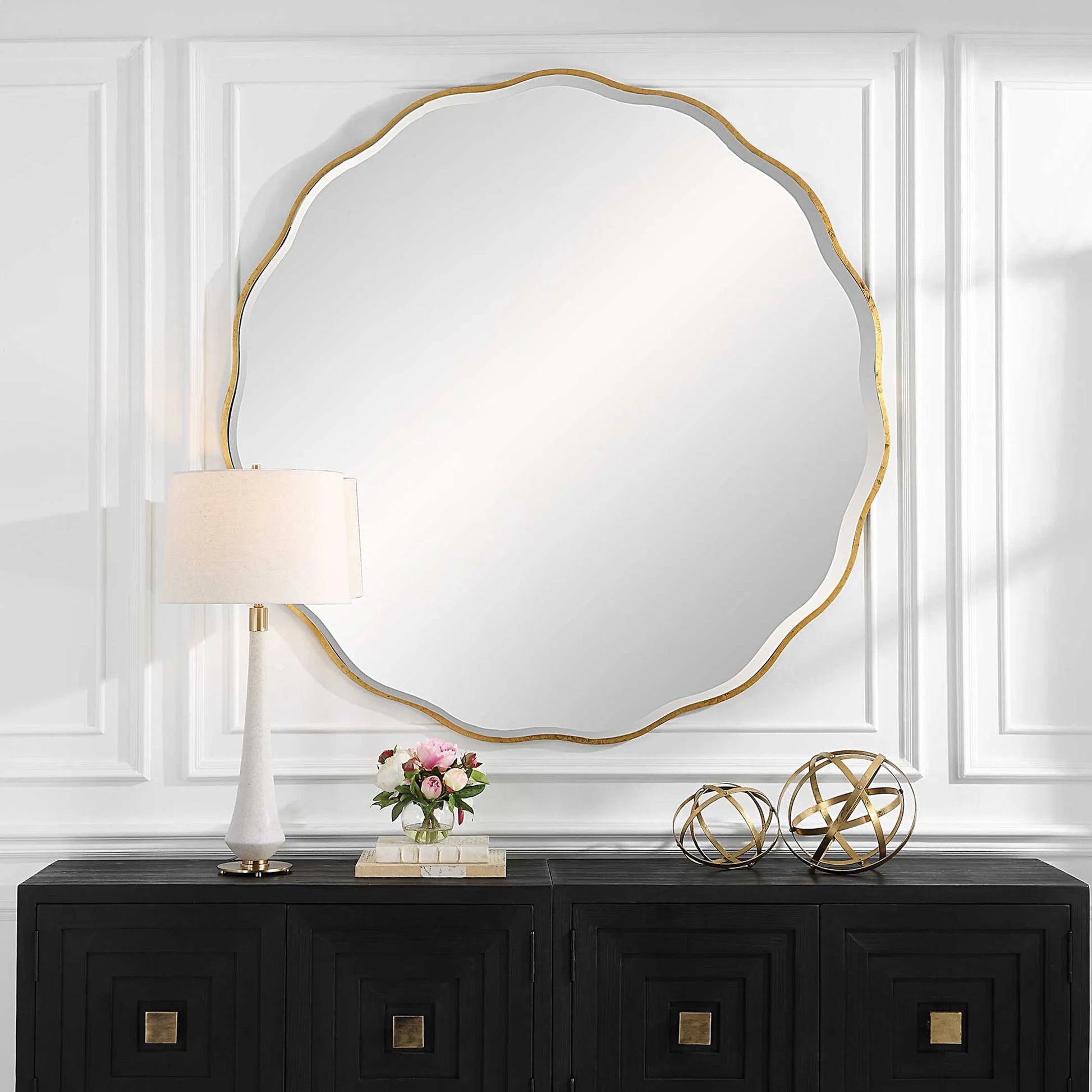 Aneta Round Mirror by Uttermost in gold. Made from mdf, mirror in a modern style.