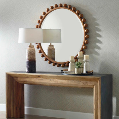 Cyra Beaded Round Mirror by Uttermost in walnut. Made from mahogany wood, carb mdf p2, glass, mtl in a modern style.