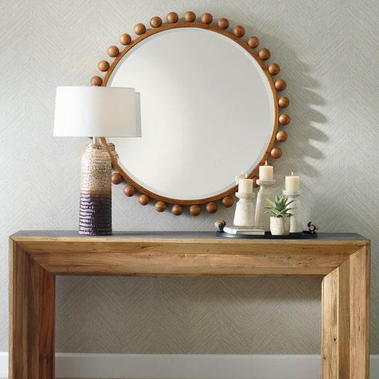 Cyra Beaded Round Mirror by Uttermost in walnut. Made from mahogany wood, carb mdf p2, glass, mtl in a modern style.