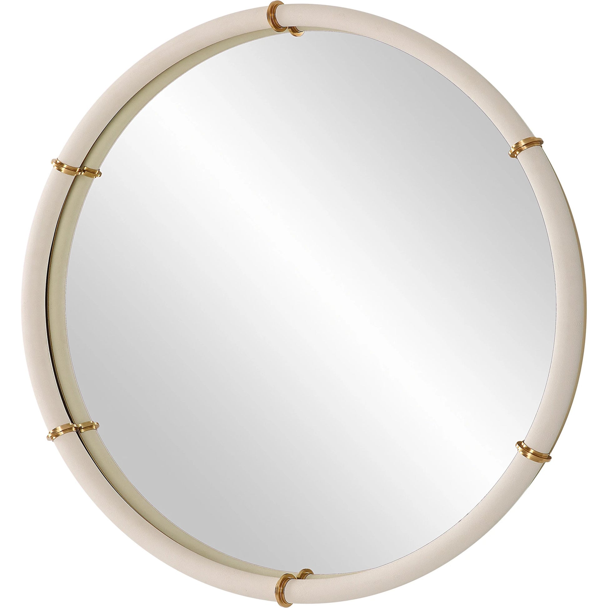 Cyprus Round Mirror by Uttermost in brass. Made from steel, mirror, mdf, pu leather, aluminum in a modern style.