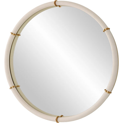 Cyprus Round Mirror by Uttermost in brass. Made from steel, mirror, mdf, pu leather, aluminum in a modern style.