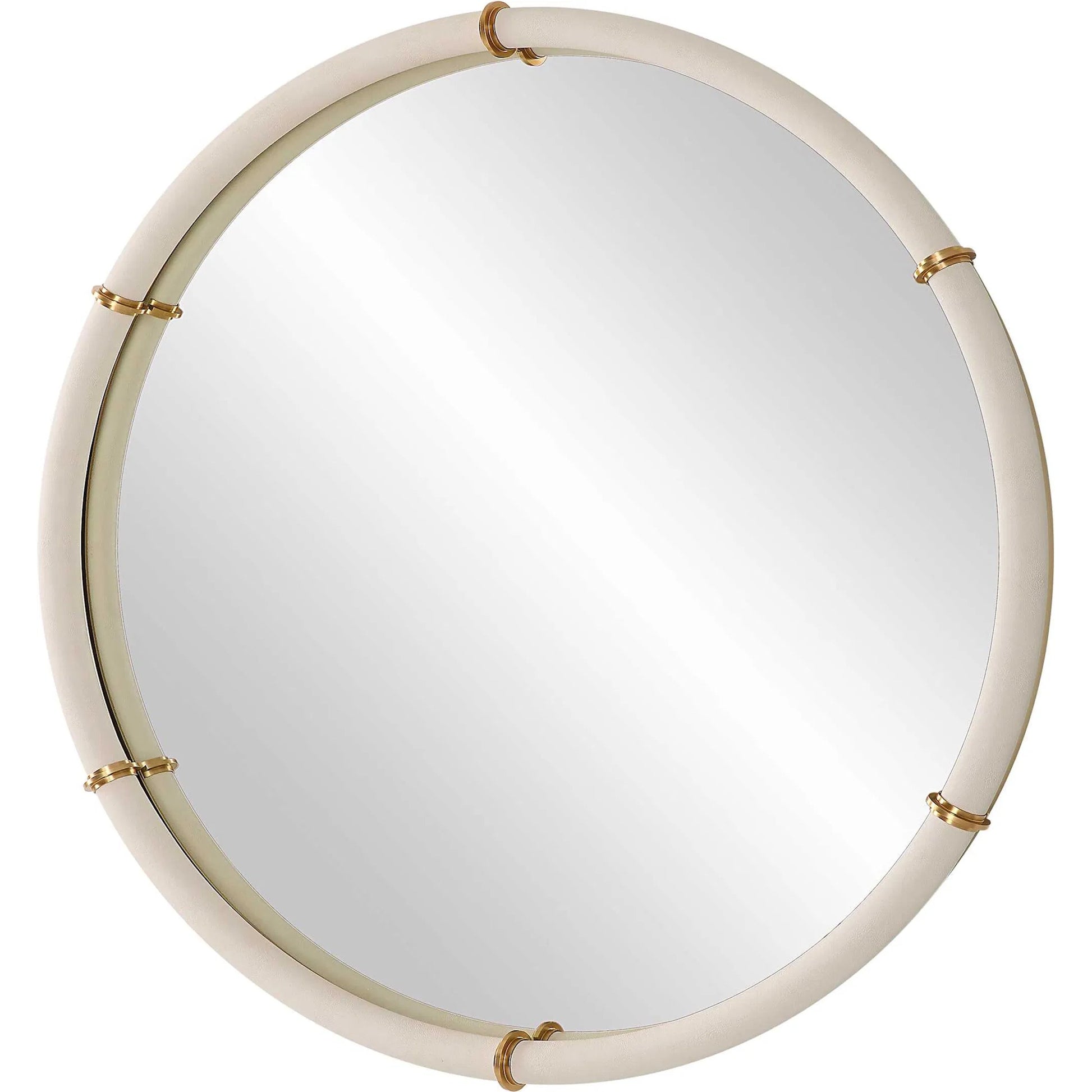 Cyprus Round Mirror by Uttermost in brass. Made from steel, mirror, mdf, pu leather, aluminum in a modern style.
