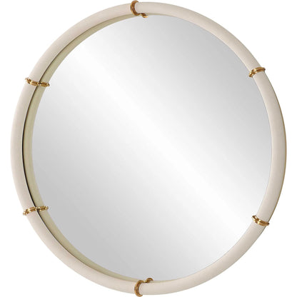 Cyprus Round Mirror by Uttermost in brass. Made from steel, mirror, mdf, pu leather, aluminum in a modern style.