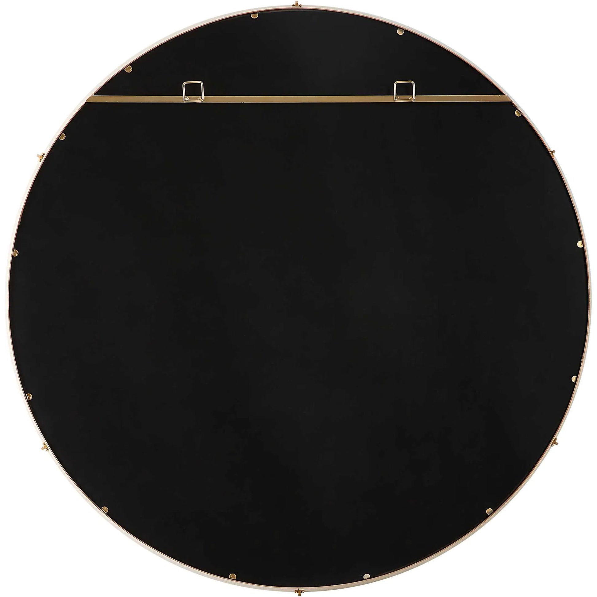 Cyprus Round Mirror by Uttermost in brass. Made from steel, mirror, mdf, pu leather, aluminum in a modern style.