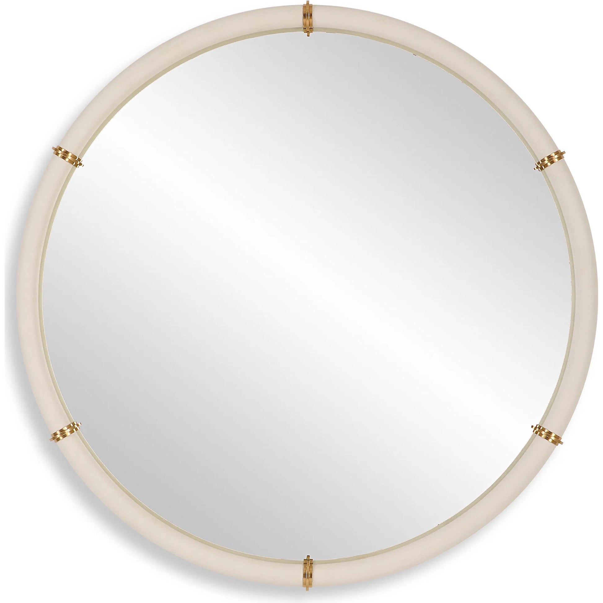 Cyprus Round Mirror by Uttermost in brass. Made from steel, mirror, mdf, pu leather, aluminum in a modern style.