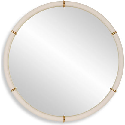 Cyprus Round Mirror by Uttermost in brass. Made from steel, mirror, mdf, pu leather, aluminum in a modern style.