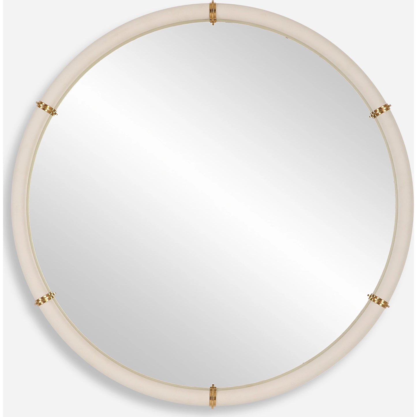 001 SI-2146813 | Primary Silo | Cyprus Round Mirror by Uttermost in brass. Made from steel, mirror, mdf, pu leather, aluminum in a modern style.