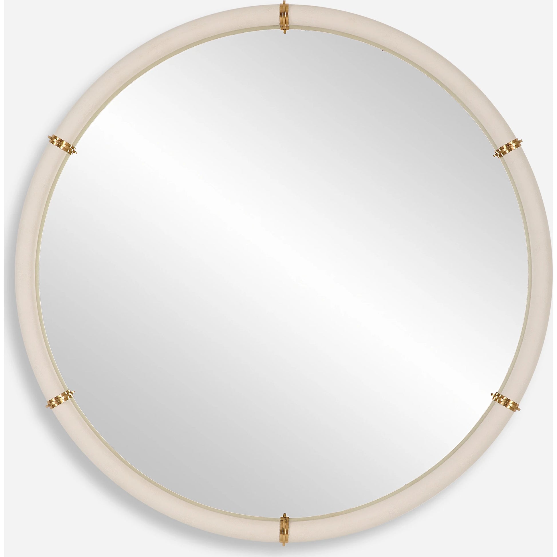 Cyprus Round Mirror by Uttermost in brass. Made from steel, mirror, mdf, pu leather, aluminum in a modern style.