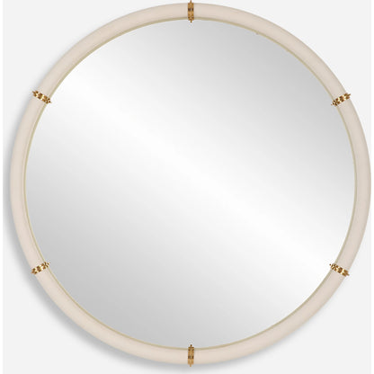 Cyprus Round Mirror by Uttermost in brass. Made from steel, mirror, mdf, pu leather, aluminum in a modern style.