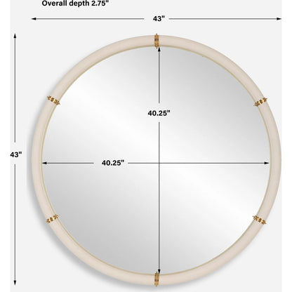Cyprus Round Mirror by Uttermost in brass. Made from steel, mirror, mdf, pu leather, aluminum in a modern style.