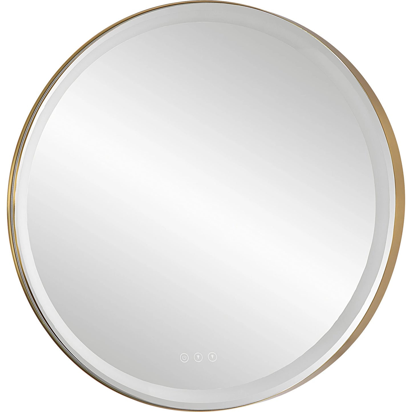 006 SI-2146810 | Primary Silo | Crofton Lighted Round Mirror by Uttermost in brushed brass. Made from stainless steel, metal, mirror in a modern style.
