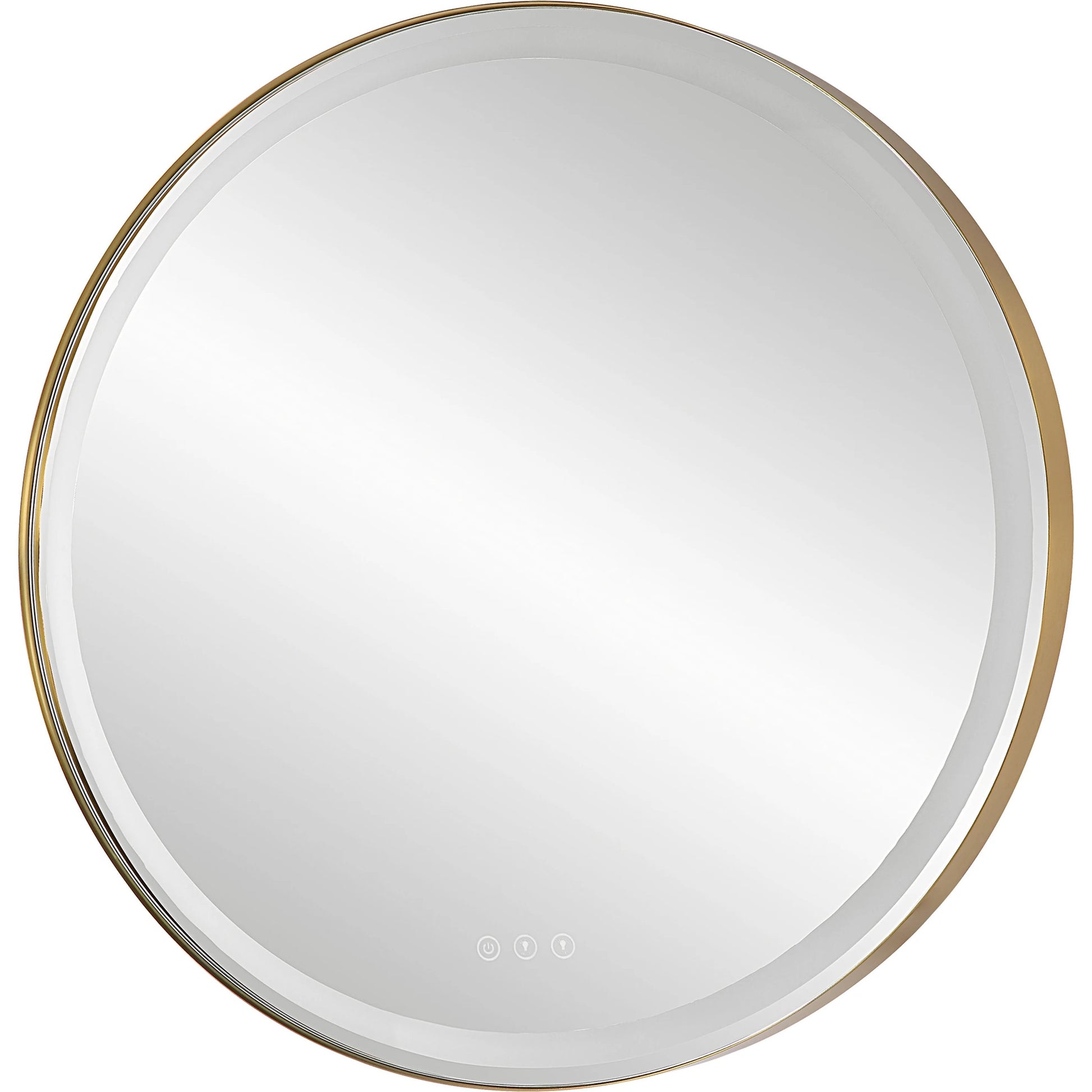 Crofton Lighted Round Mirror by Uttermost in brushed brass. Made from stainless steel, metal, mirror in a modern style.