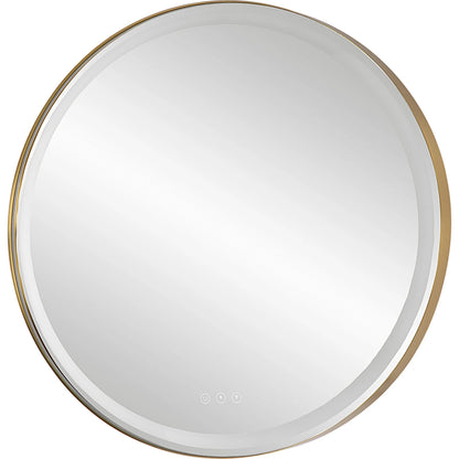 Crofton Lighted Round Mirror by Uttermost in brushed brass. Made from stainless steel, metal, mirror in a modern style.