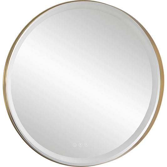 Crofton Lighted Round Mirror by Uttermost in brushed brass. Made from stainless steel, metal, mirror in a modern style.