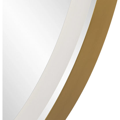 Crofton Lighted Round Mirror by Uttermost in brushed brass. Made from stainless steel, metal, mirror in a modern style.