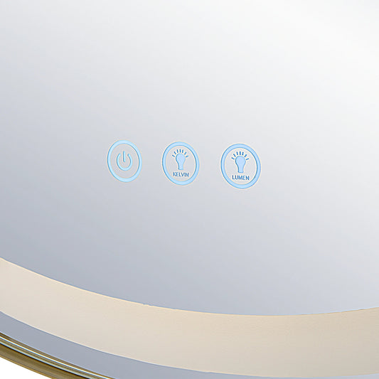 Crofton Lighted Round Mirror by Uttermost in brushed brass. Made from stainless steel, metal, mirror in a modern style.