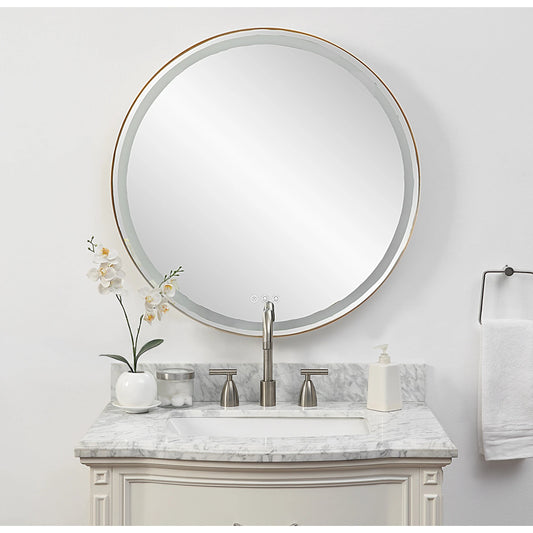 Crofton Lighted Round Mirror by Uttermost in brushed brass. Made from stainless steel, metal, mirror in a modern style.