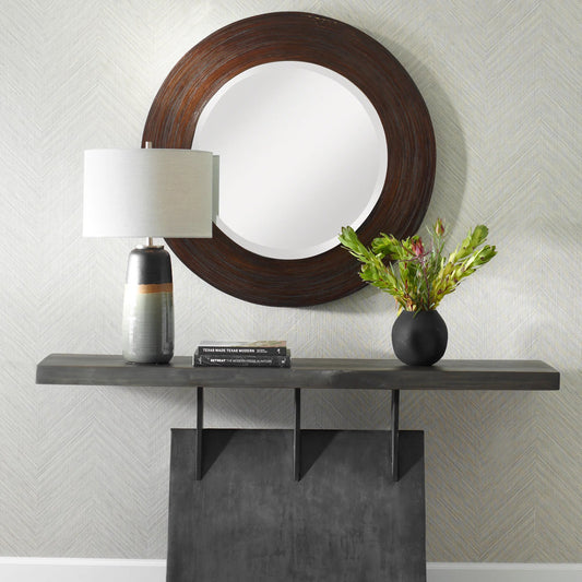 Dutton Round Mirror by Uttermost in dark walnut. Made from bamboo, plywood in a unique style.