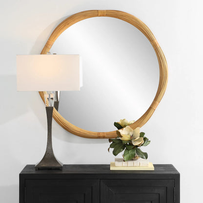 Salina Round Bamboo Mirror by Uttermost in natural. Made from mdf, bamboo, rattan, mirror in a transitional style.
