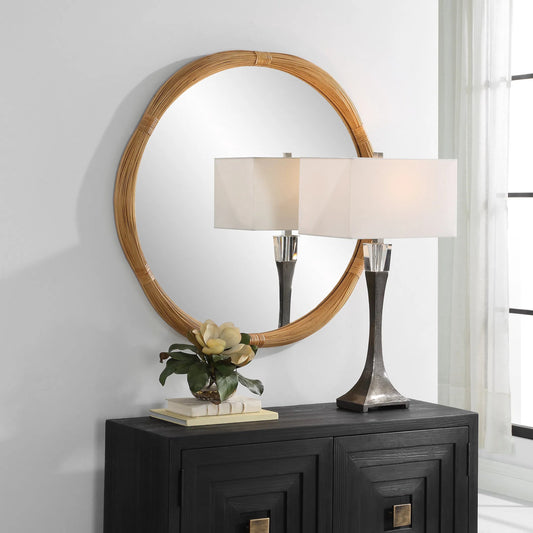 Salina Round Bamboo Mirror by Uttermost in natural. Made from mdf, bamboo, rattan, mirror in a unique style.