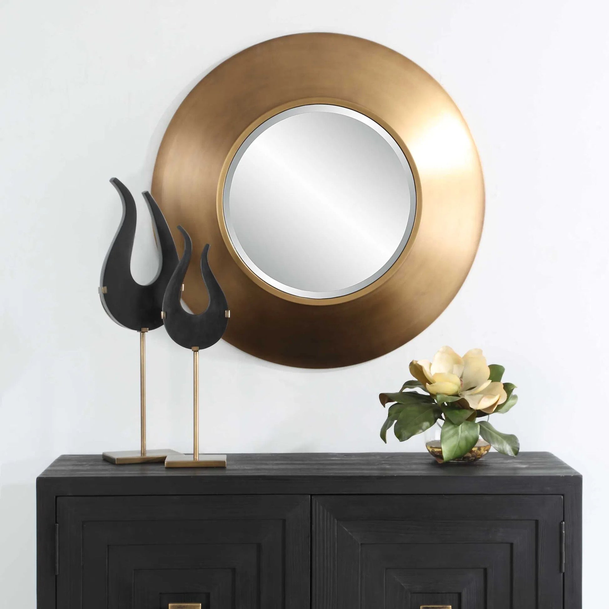 Contessa Round Mirror by Uttermost in gold. Made from mirror, iron in a modern style.