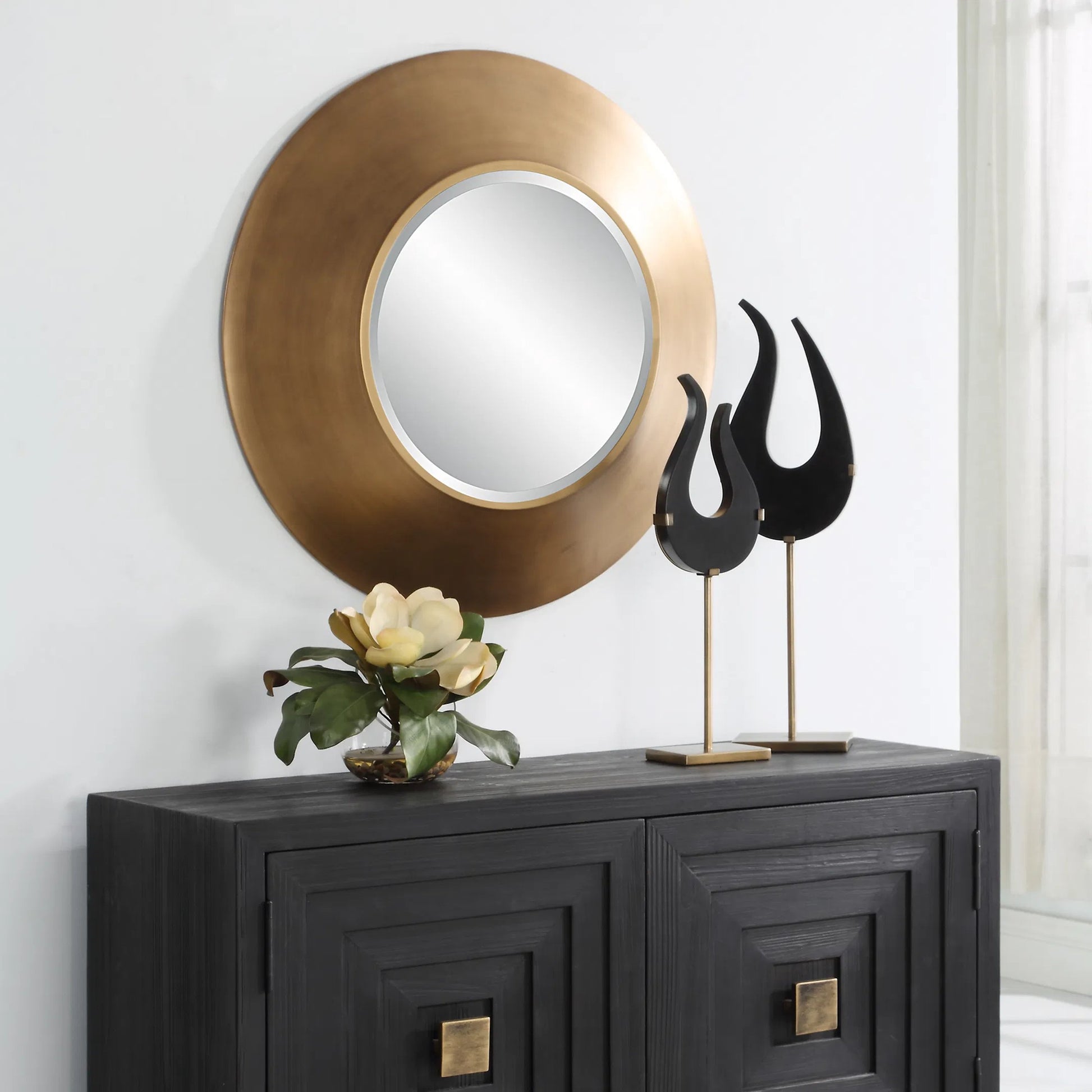 Contessa Round Mirror by Uttermost in gold. Made from mirror, iron in a modern style.
