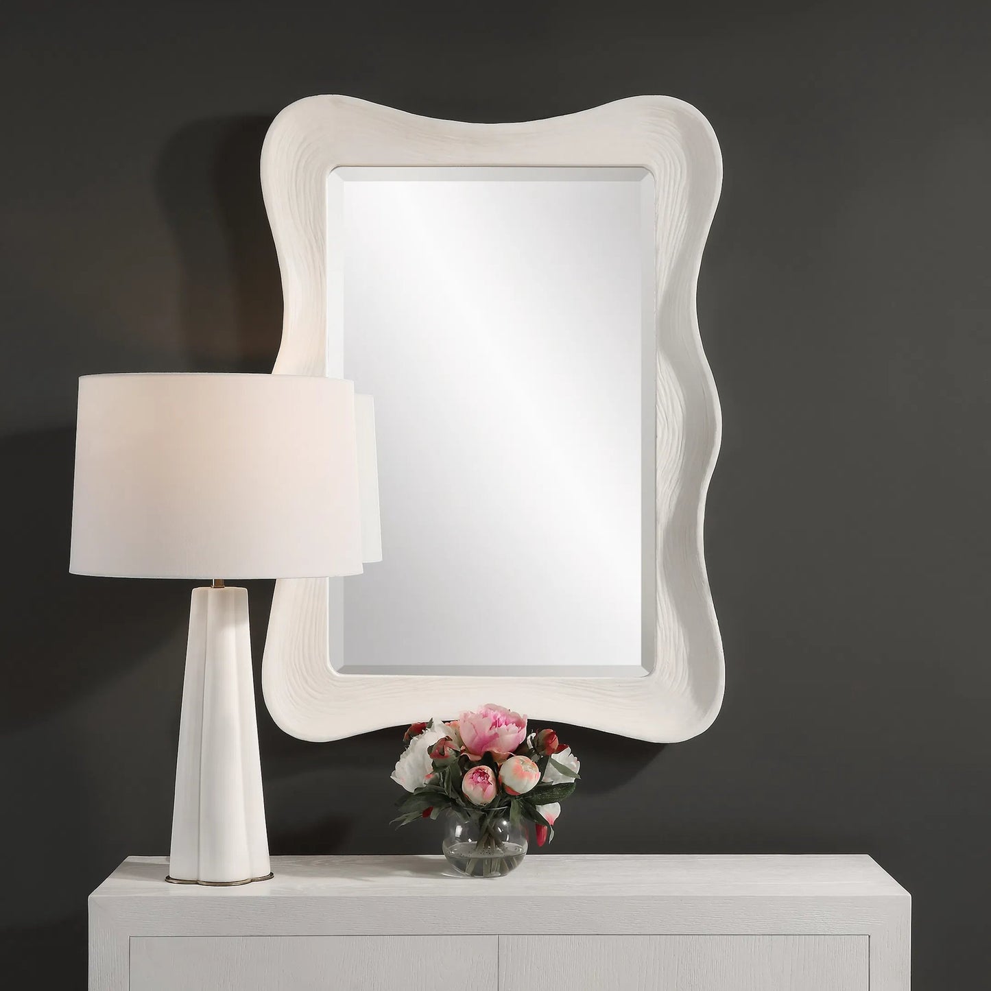 003 SI-2262125 | Lifestyle | Whitehaven Wavy Rectangle Mirror by Uttermost in white. Made from resin, glass, mdf in a modern style.