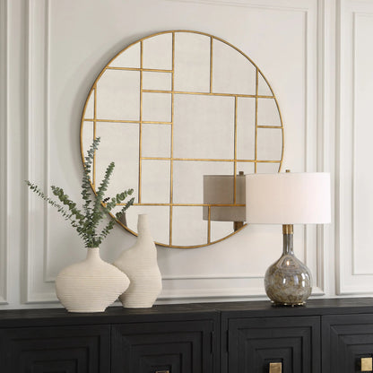 Geometric Round Mirror by Uttermost in gold leaf. Made from mirror, mdf in a modern style.
