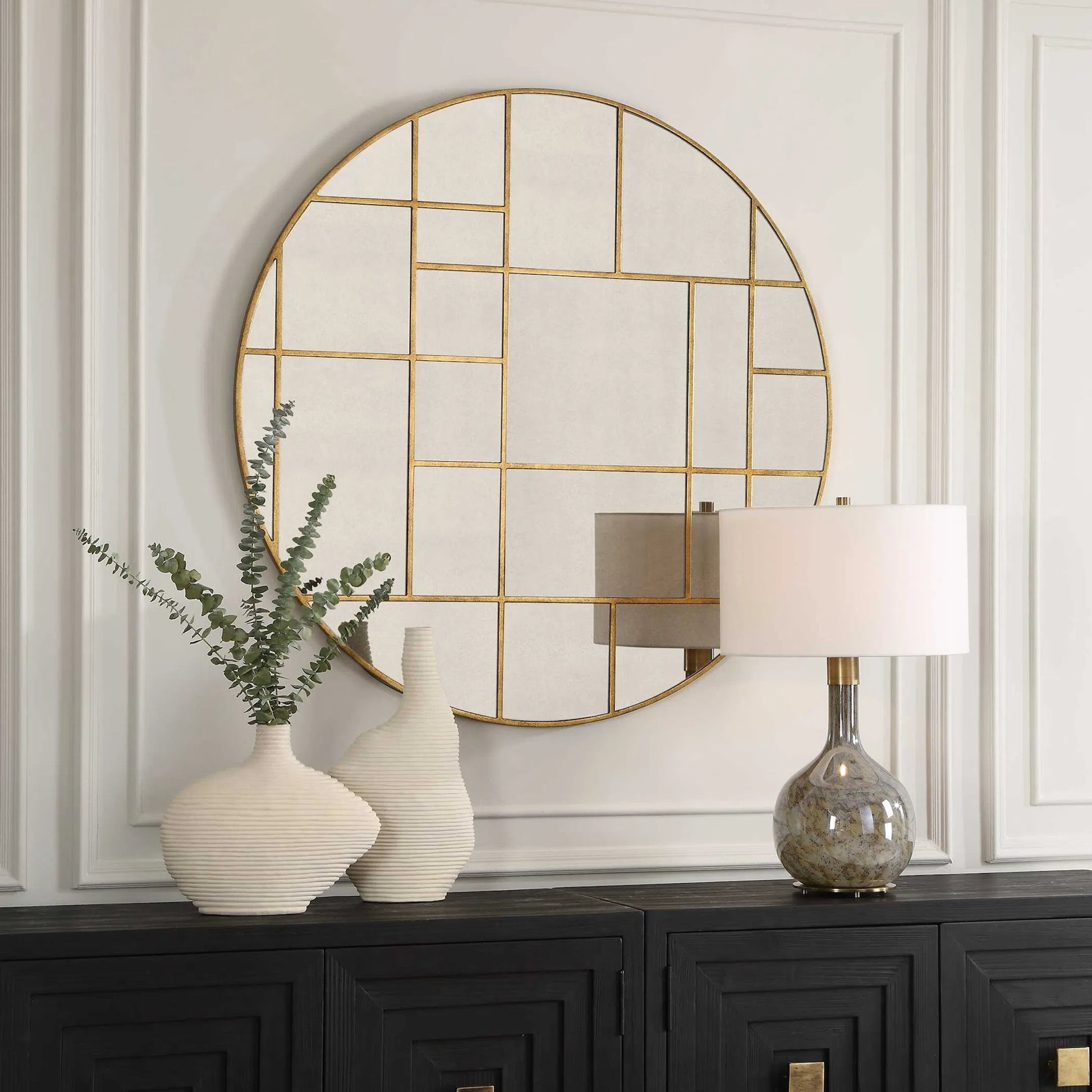 Geometric Round Mirror by Uttermost in gold leaf. Made from mirror, mdf in a modern style.