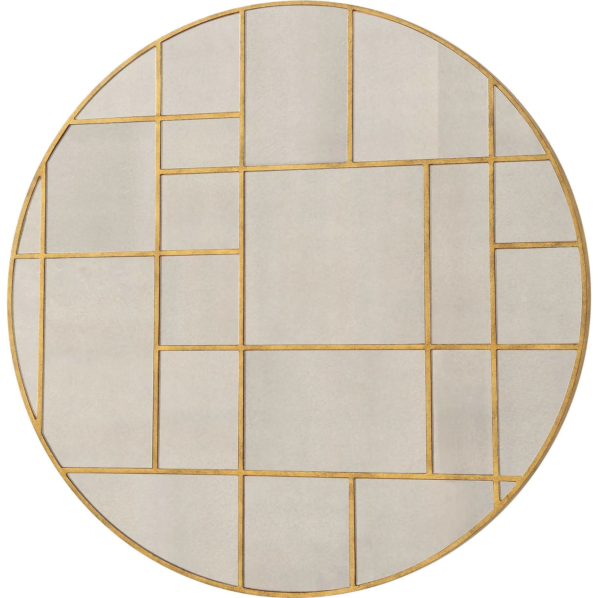 Geometric Round Mirror by Uttermost in gold leaf. Made from mirror, mdf in a modern style.