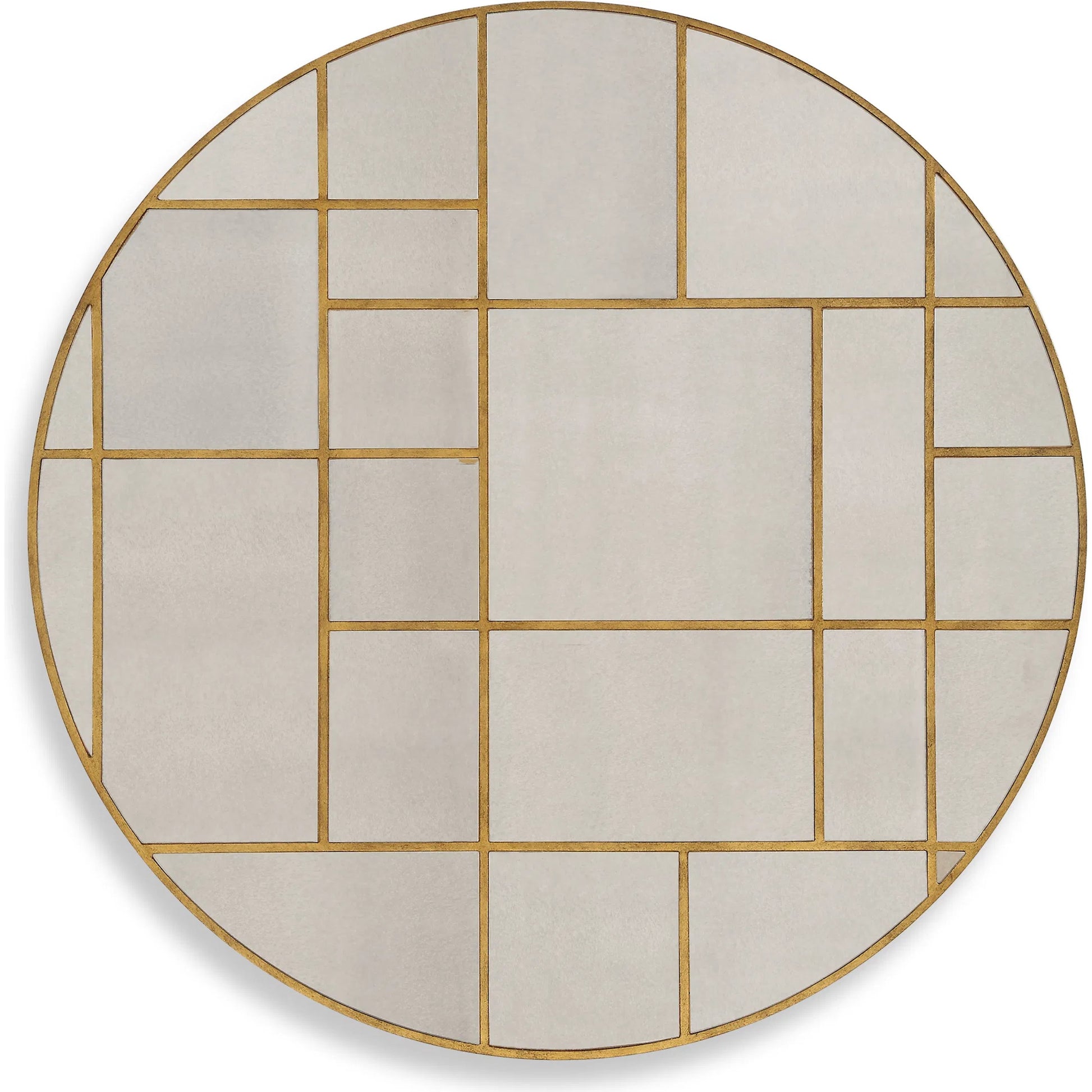 Geometric Round Mirror by Uttermost in gold leaf. Made from mirror, mdf in a modern style.