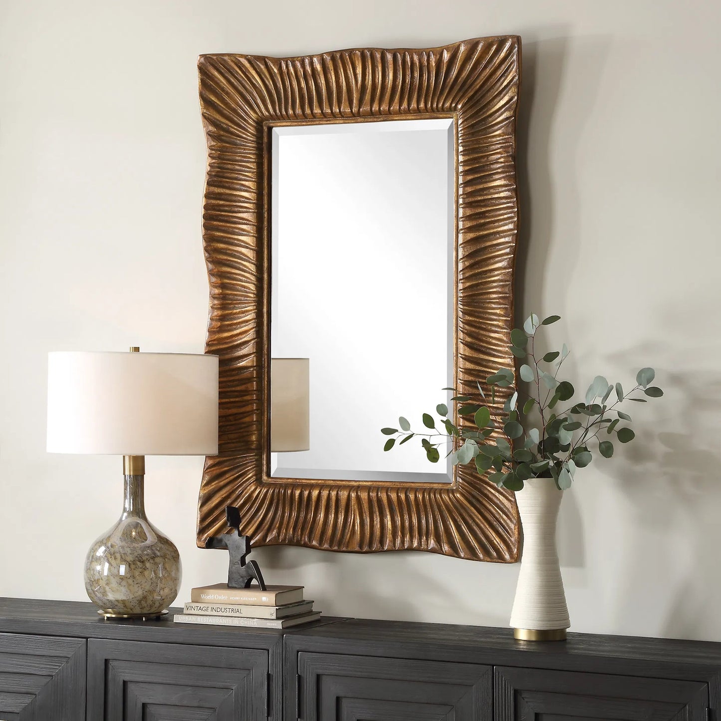 003 SI-2262140 | Lifestyle | Emerson Scalloped Antique Mirror by Uttermost in gold leaf. Made from resin, mirror, mdf, iron in a modern style.