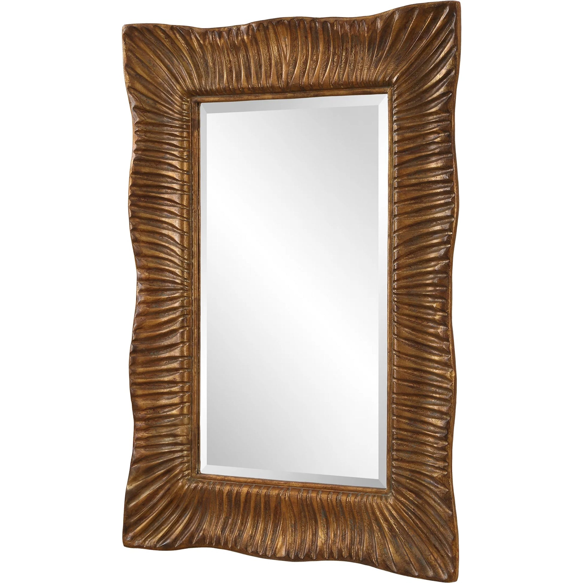 Emerson Scalloped Antique Mirror by Uttermost in gold leaf. Made from resin, mirror, mdf, iron in a modern style.