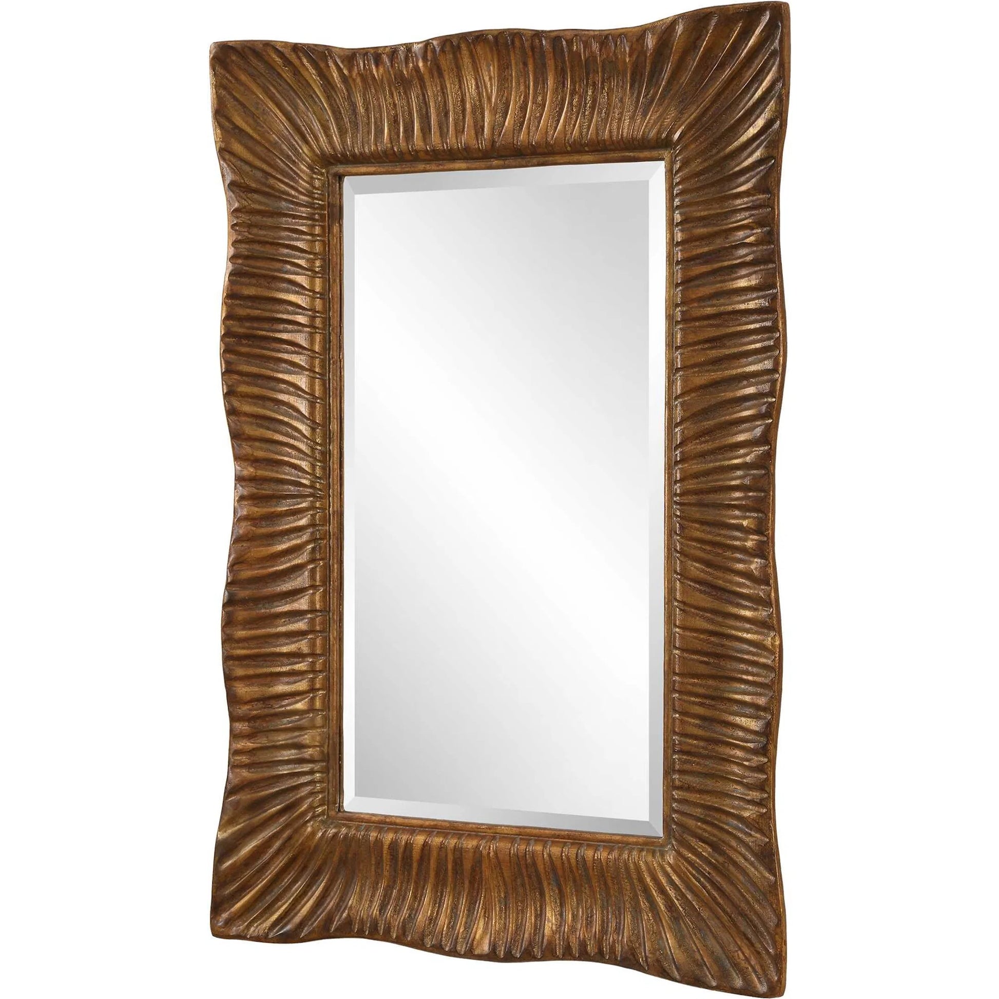 Emerson Scalloped Antique Mirror by Uttermost in gold leaf. Made from resin, mirror, mdf, iron in a modern style.