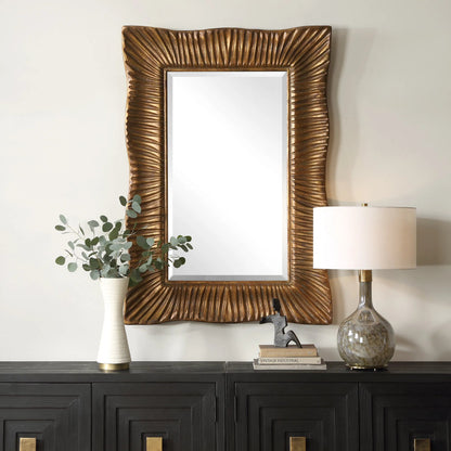Emerson Scalloped Antique Mirror by Uttermost in gold leaf. Made from resin, mirror, mdf, iron in a modern style.