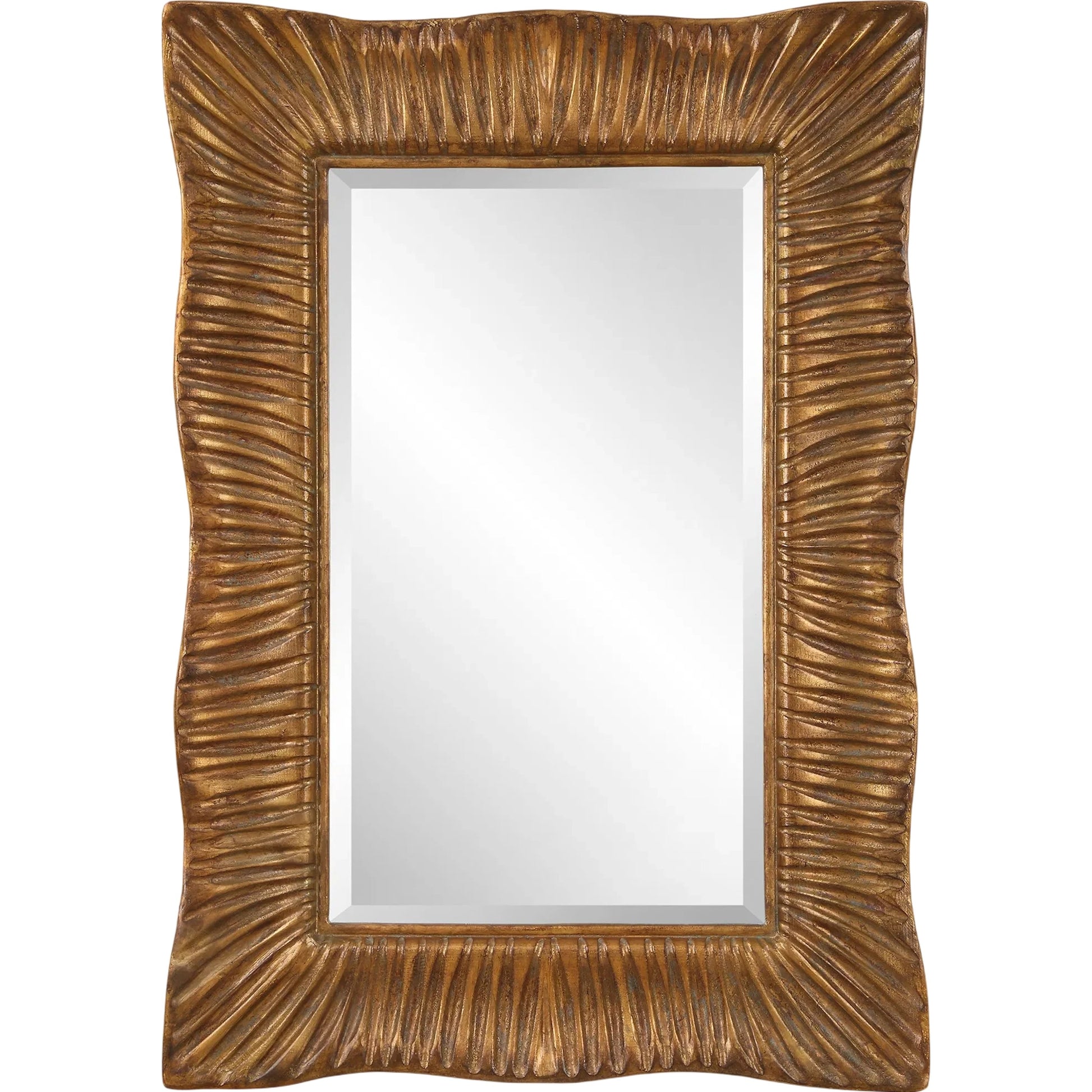 Emerson Scalloped Antique Mirror by Uttermost in gold leaf. Made from resin, mirror, mdf, iron in a modern style.