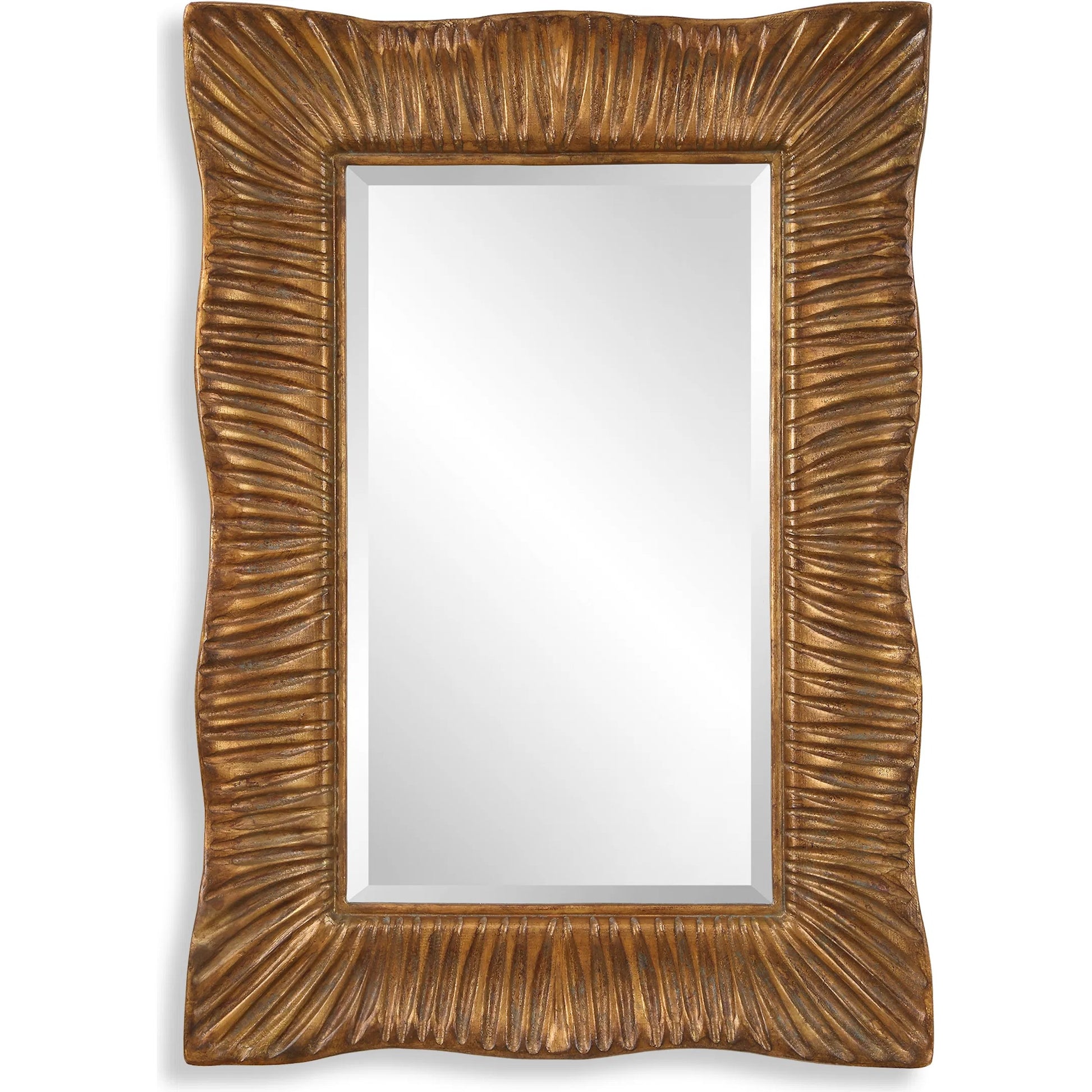 Emerson Scalloped Antique Mirror by Uttermost in gold leaf. Made from resin, mirror, mdf, iron in a modern style.