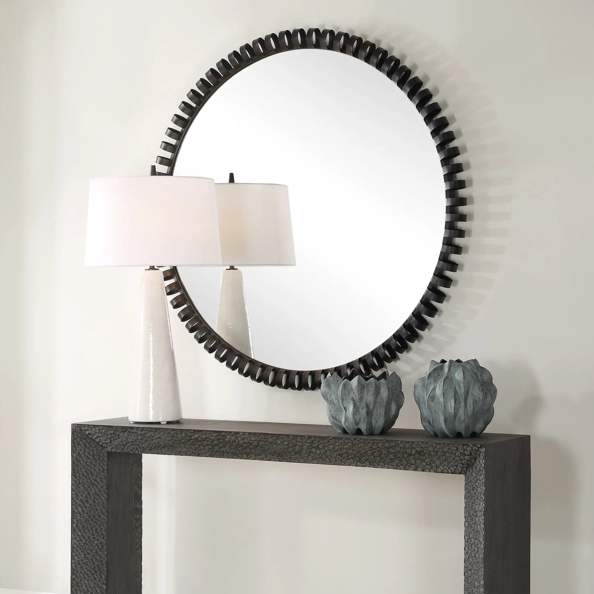 Corona Modern Round Mirror by Uttermost in iron. Made from mirror, iron, mdf in a modern style.