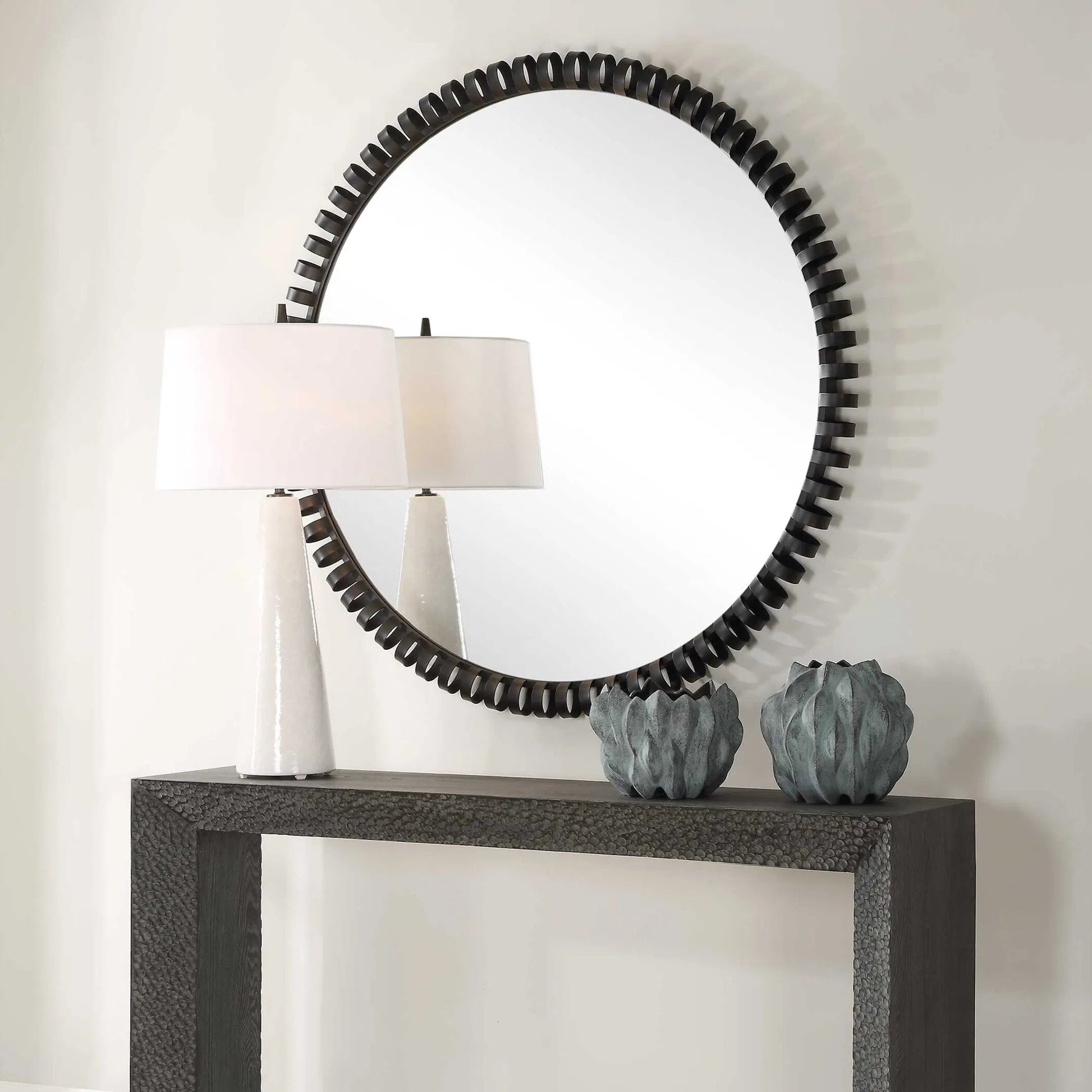 Corona Modern Round Mirror by Uttermost in iron. Made from mirror, iron, mdf in a modern style.