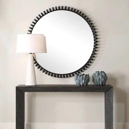 Corona Modern Round Mirror by Uttermost in iron. Made from mirror, iron, mdf in a unique style.