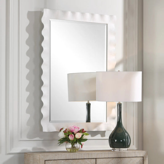Haya Scalloped Mirror by Uttermost in white. Made from mirror, iron, mdf in a transitional style.