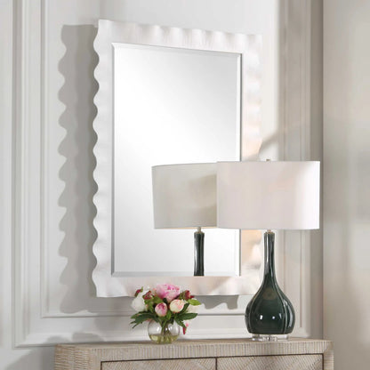 Haya Scalloped Mirror by Uttermost in white. Made from mirror, iron, mdf in a transitional style.