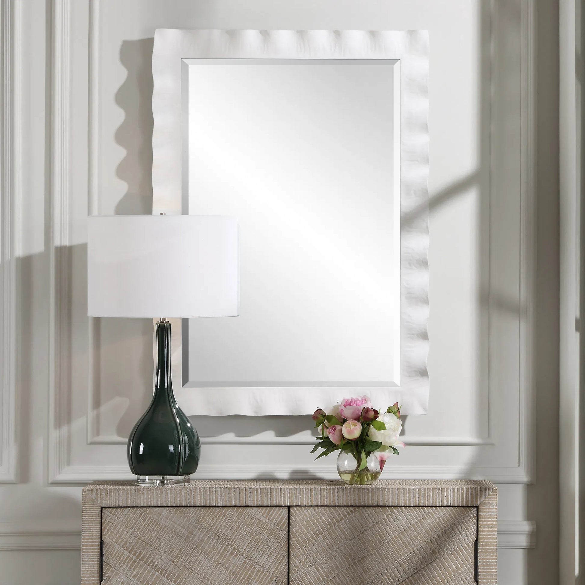 Haya Scalloped Mirror by Uttermost in white. Made from mirror, iron, mdf in a transitional style.