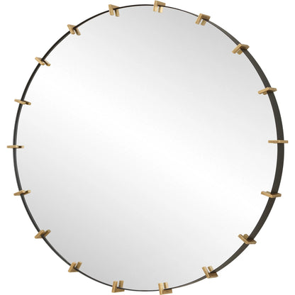 Pali Industrial Round Mirror by Uttermost in gold. Made from iron, mdf, glass in a transitional style.