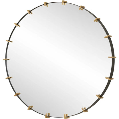Pali Industrial Round Mirror by Uttermost in gold. Made from iron, mdf, glass in a transitional style.