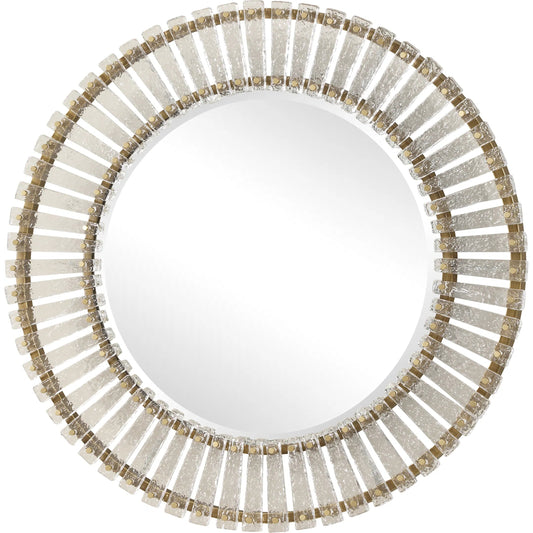 Denali Textured Glass Round Mirror by Uttermost in gold. Made from glass, metal, mirror, mdf in a unique style.
