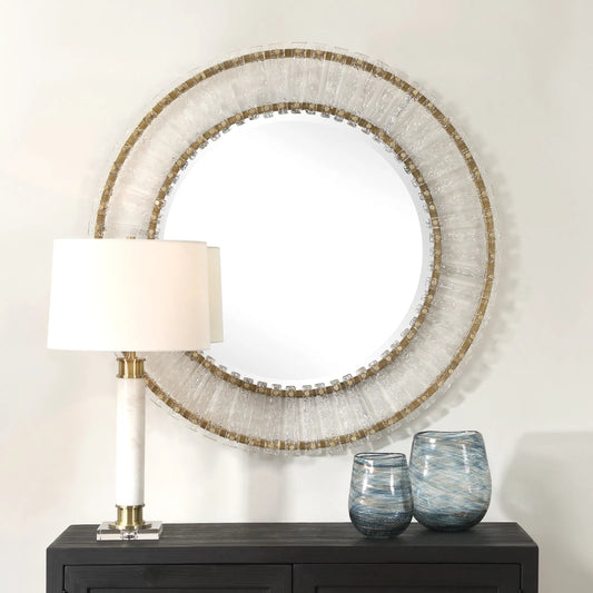 Denali Textured Glass Round Mirror by Uttermost in gold. Made from glass, metal, mirror, mdf in a unique style.