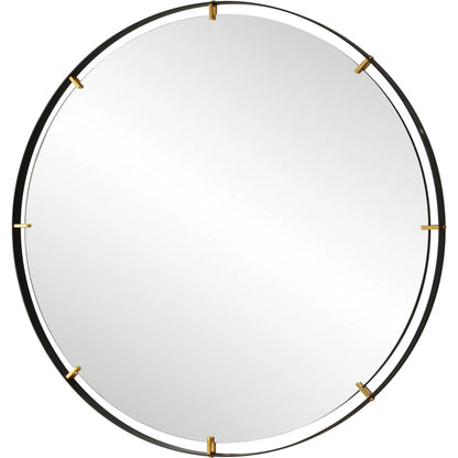 Grand Pendulum Round Mirror by Uttermost in gold. Made from iron, mirror, mdf in a transitional style.