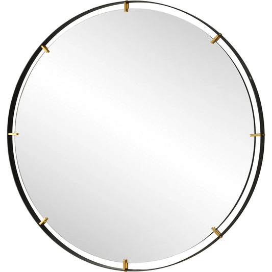 Grand Pendulum Round Mirror by Uttermost in gold. Made from iron, mirror, mdf in a unique style.